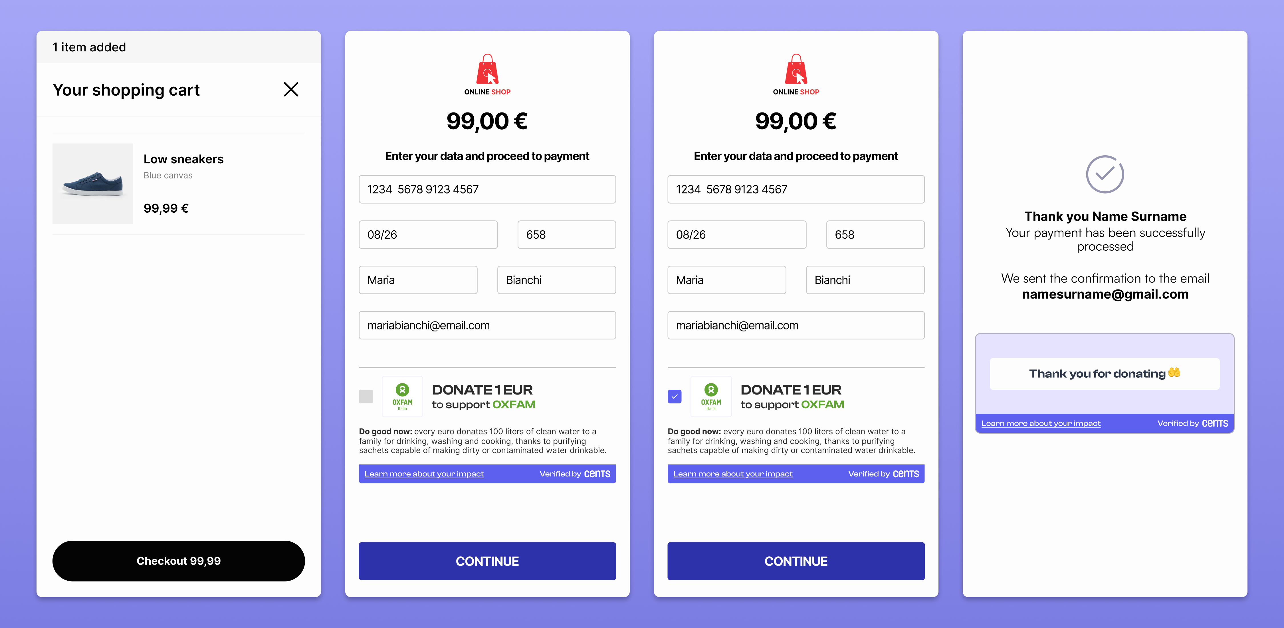 Full donation experience with Cents' widget in the check-out page