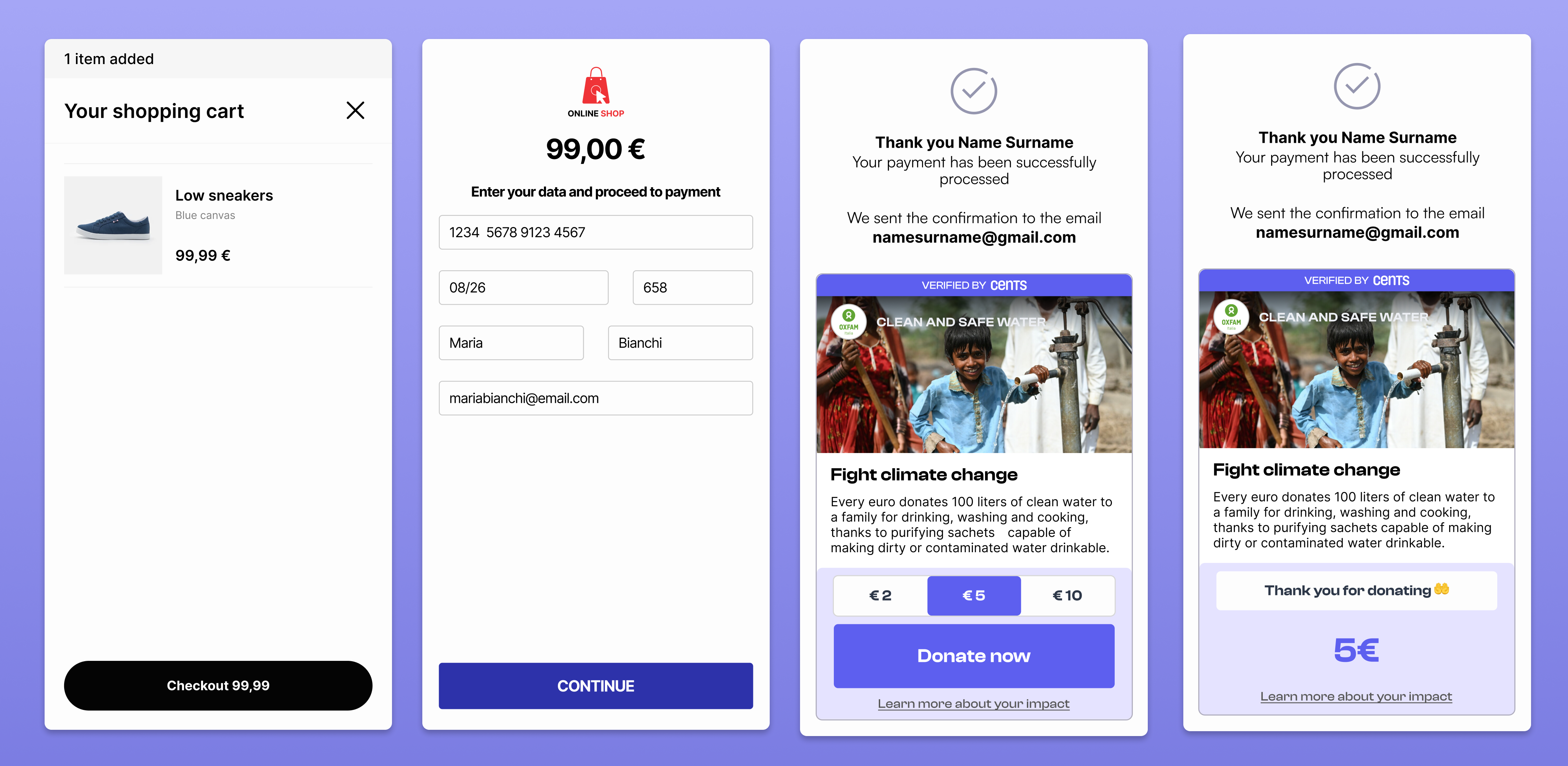 Full donation experience with Cents' widget in the thank you page